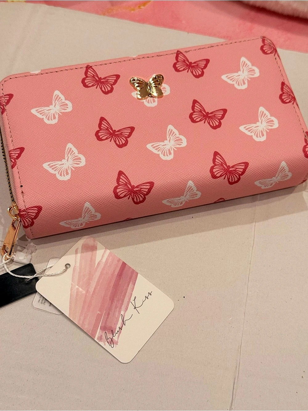 Blush Kiss Butterfly Print Double Zip Wallet Butterfly Double Zip Wallet in